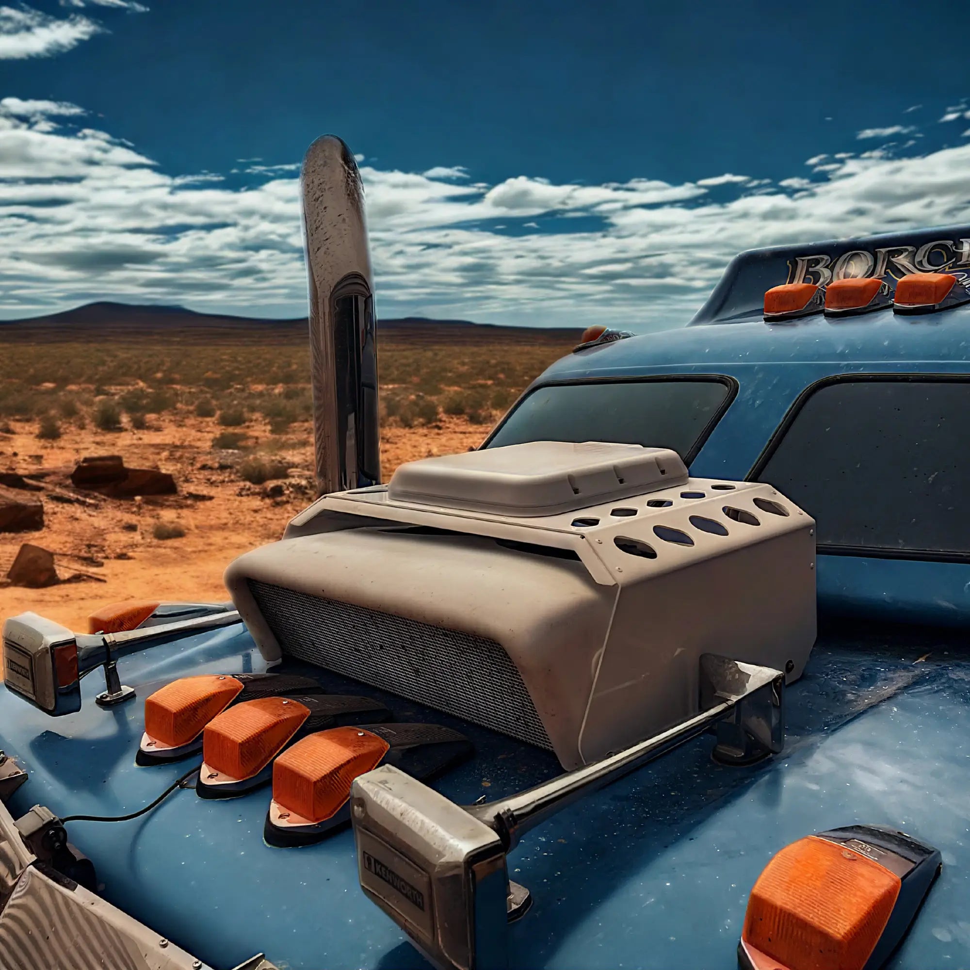Spacetek V-Cell housing for Starlink Mini mounted on a heavy-duty truck in desert conditions