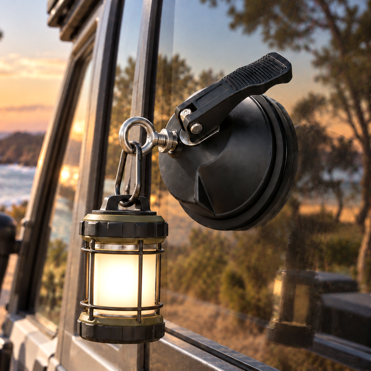 Heavy duty 5 inch suction mount with M8 accessory point holding a lantern on a vehicle window