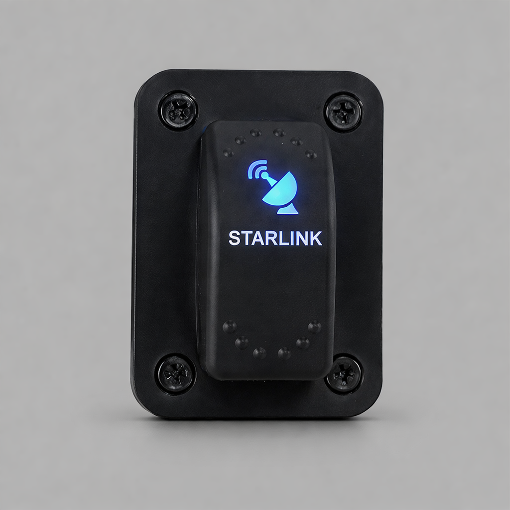 Starlink 3 pole rocker switch front view with blue LED indicator illuminated