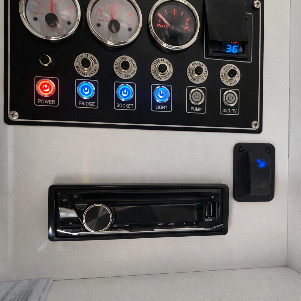 Starlink 3 pole rocker switch installed in vehicle dashboard with illuminated controls