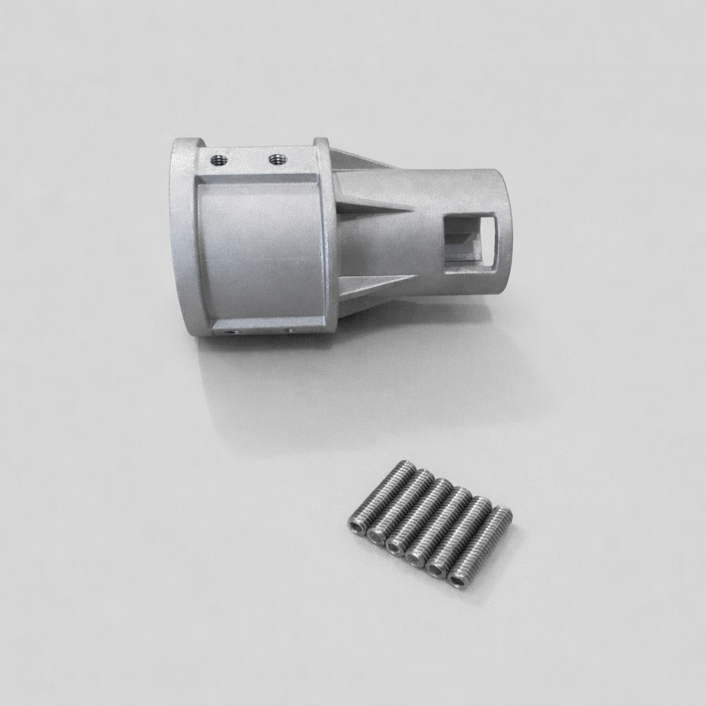 Starlink Gen 2 pole adaptor shown horizontally with included stainless steel mounting screws, aluminium construction