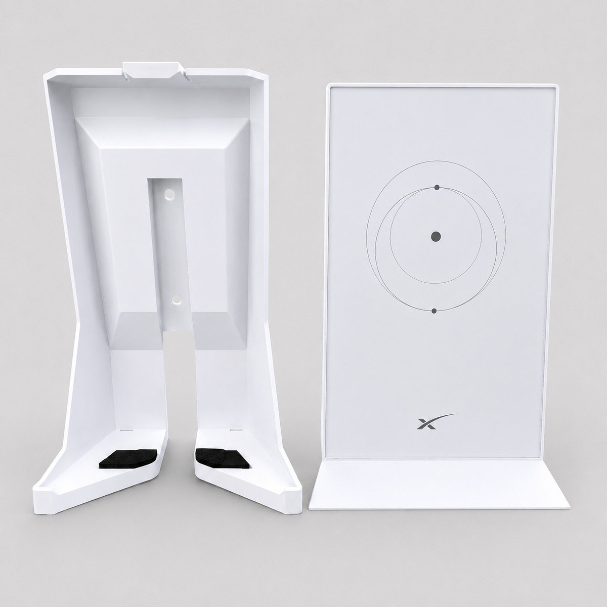 Front cover and rear mounting bracket for Starlink Gen 2 router wall mount system displayed for installation reference