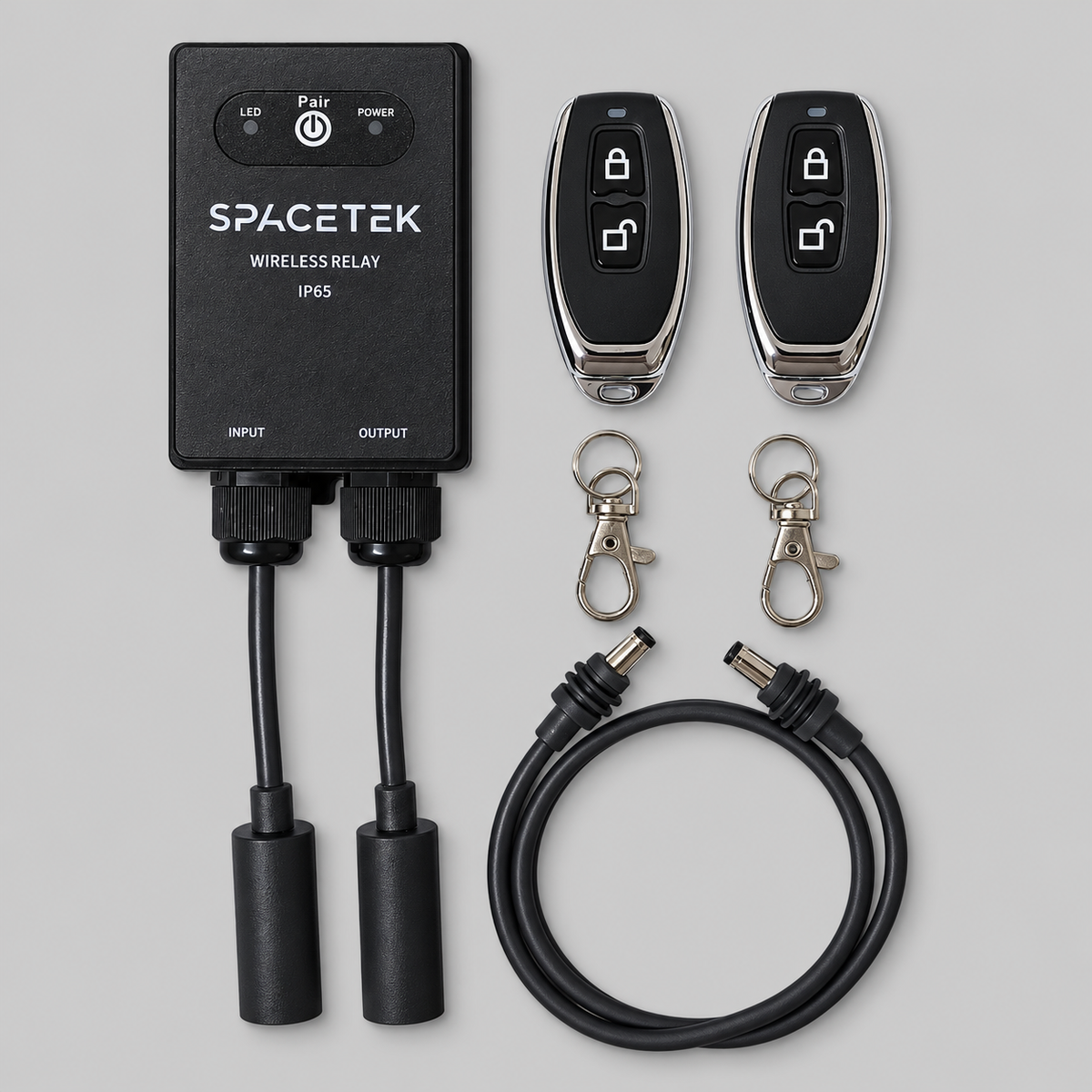 Spacetek IP65 waterproof wireless relay kit for Starlink Mini and Gen 3 with relay module, two remotes, key clips and DC power cable