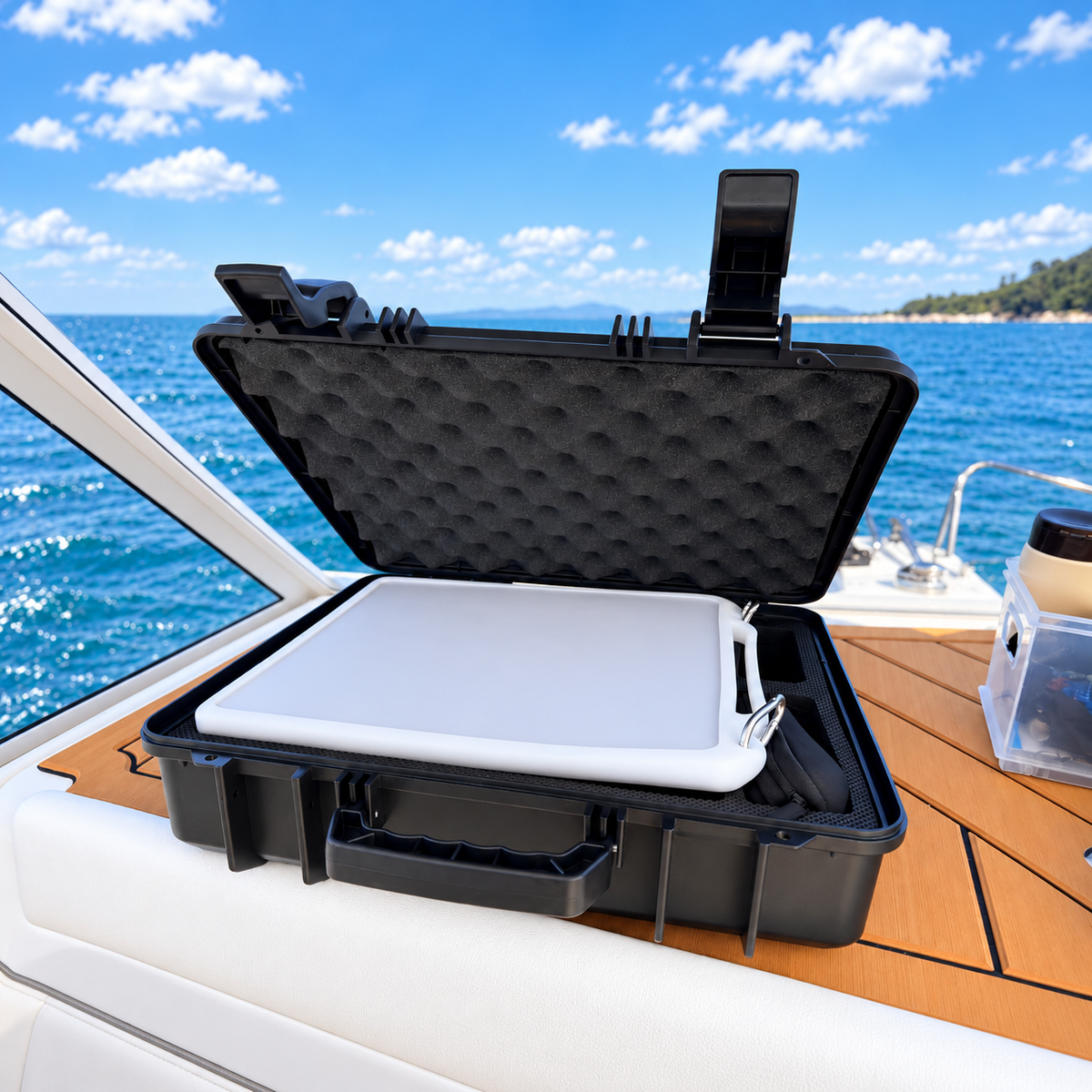 IP67 hard case for Starlink Mini shown on a boat, with the Starlink Mini fitted in a silicone protective cover for secure storage and transport