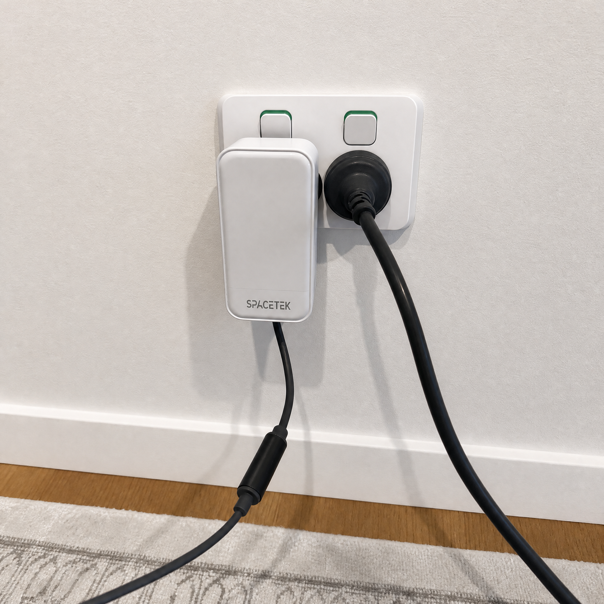 White Spacetek Starlink Mini power supply installed in an AU/NZ wall outlet