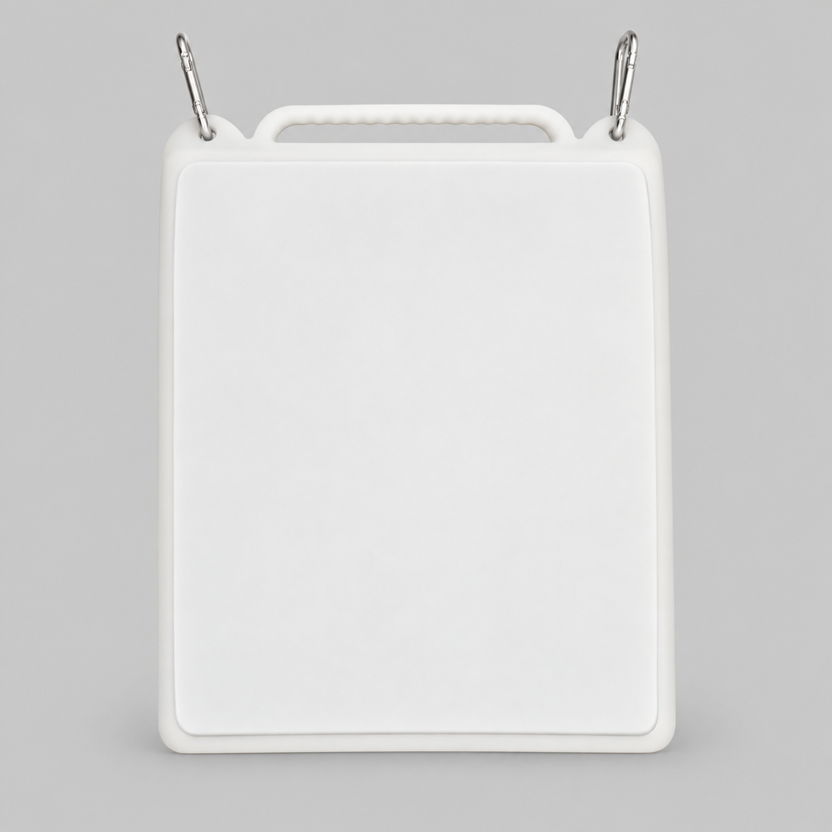 White Starlink Mini silicone protective cover front view with integrated carry handle and metal clips.