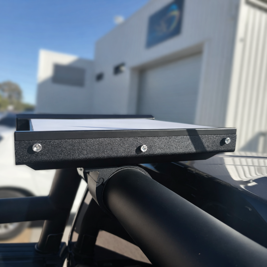 Starlink Mini mounting platform attached to aluminium tube mount on vehicle roof rack crossbar.
