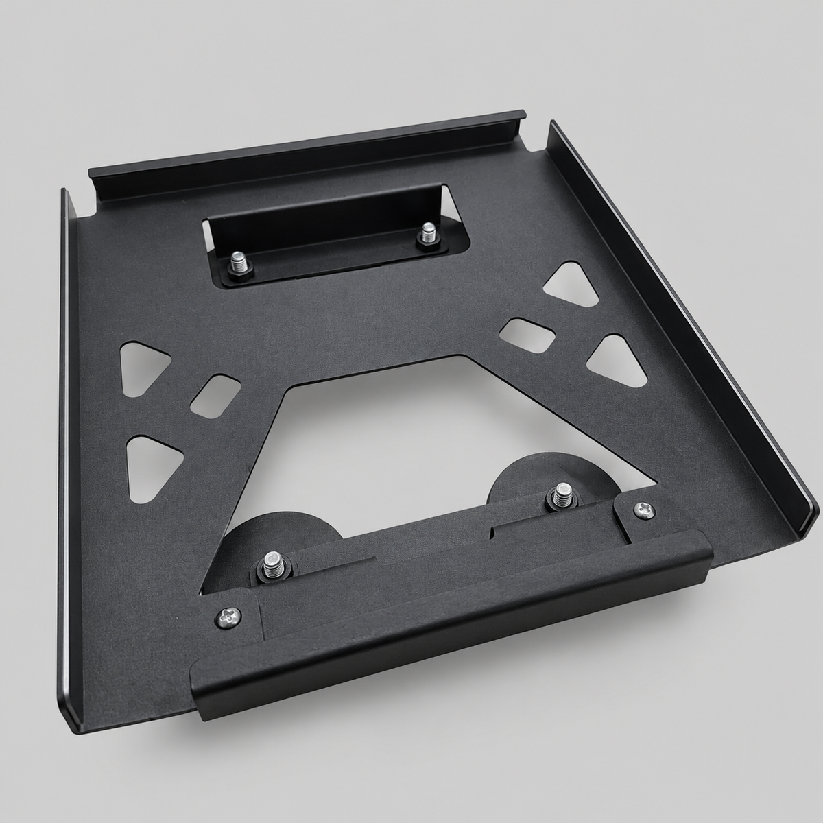 Bottom view of the Starlink Mini Vehicle Magnet Mount in carbon steel showing structural cutouts, mounting hardware, and 65mm (2.5 inch) magnets