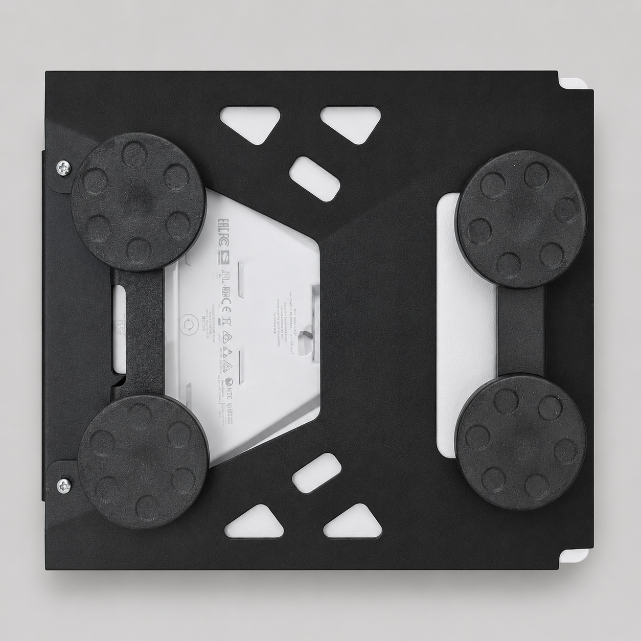 Bottom view of the Starlink Mini Vehicle Magnet Mount in carbon steel displaying the structural cut-outs and four 65mm (2.5 inch) rubber-coated magnets.